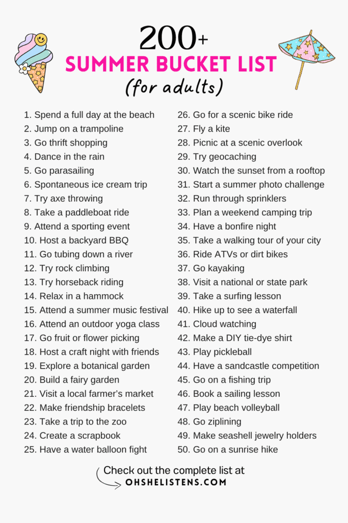 Explore 200+ adult summer bucket list ideas for adults. Packed with creative, fun activities for every kind of summer mood.